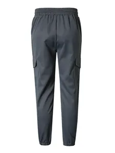 Detailed back view of men's charcoal cargo pants featuring elastic waist and pockets