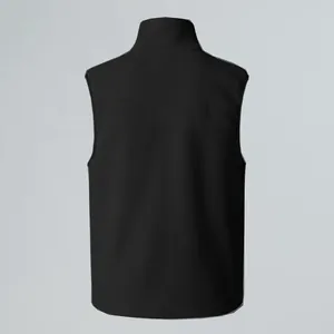Detailed back view of a black outdoor fleece vest featuring a cozy stand-up collar