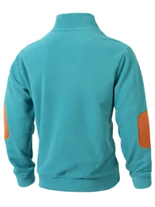 Detailed back view of a men's teal fleece sweatshirt featuring orange elbow patches