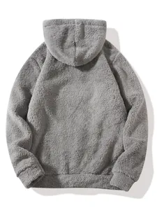 Detailed back view of a men's grey fleece hoodie showing soft sherpa texture and hood