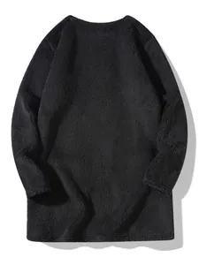 Macro view of black plush long-sleeved round neck sweatshirt showing soft fuzzy texture