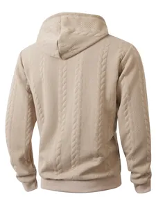 Back view detail showing cable-knit texture of this beige men's hooded sweatshirt