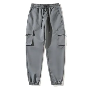 Men's dark grey cargo jogger pants with drawstring elastic waist and side pockets
