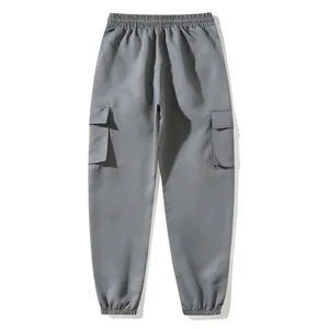 Men's grey cargo jogger pants with elastic waist and side flap pockets for outdoor wear