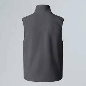 Detailed back view of a charcoal grey outdoor fleece vest featuring a stand collar design