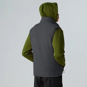 Detailed back view of a gray sports outdoor fleece vest with a standing collar design