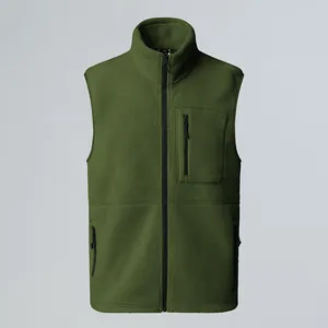 Detailed front view of olive green outdoor fleece vest with stand collar and zips