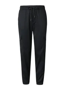 Front view of black men's cargo pants featuring drawstring waist and side pockets.