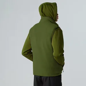 Back view of a mens green outdoor fleece vest with a stand collar and textured fabric