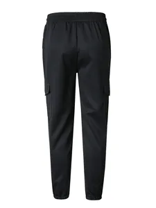 Back view of men's black cargo pants featuring elastic waistband and side pockets