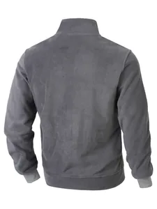 Rückenansicht eines grauen Fleece-Sweatshirts für Herren mit Stehkragen und Bündchen.