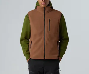 Front view of men's brown fleece vest with functional zipper pockets for outdoor wear