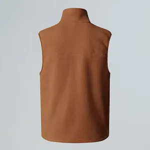 Detailed back view of a brown fleece vest featuring a stand collar and soft texture