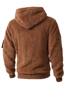 Detailed back view of a brown fuzzy teddy fleece hooded sweatshirt for men's casual wear