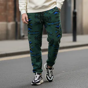 Men's green ethnic pattern warm joggers with drawstring waist in a street setting