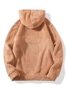 Back view of a cozy camel-colored plush teddy fleece hoodie for men's winter wear
