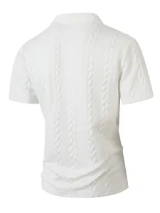 Back view of men's white short sleeve Polo shirt with cable-knit jacquard texture