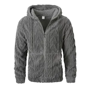 Detailopname van een grijze getextureerde pluizige hoodie met rits voor heren casual