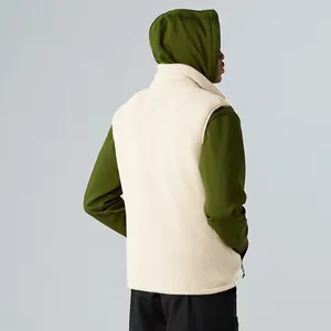 Detailed back view of a men's cream sherpa fleece vest jacket for outdoor casual wear