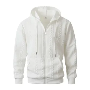 Casual white men's zip-up hoodie featuring a premium textured cable knit jacquard pattern