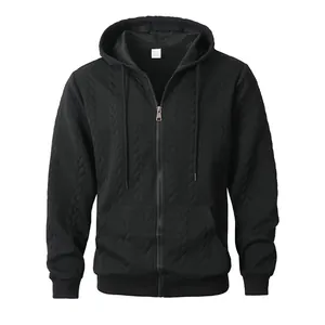 Men's black zip-up hooded sweatshirt featuring solid jacquard texture and casual fit