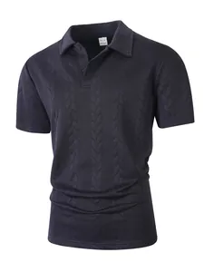 Close-up of men's navy blue short-sleeve Polo shirt with textured jacquard knit pattern