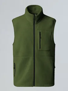 Outdoor men's green fleece vest featuring a stand collar and multiple zip pockets.