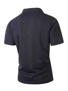 Back view of a men's navy blue jacquard polo shirt featuring textured cable pattern