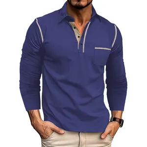 Polo à manches longues pour hommes avec col contrasté et poche poitrine de style décontracté