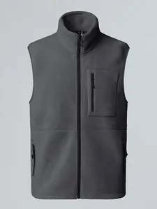 Professional dark grey fleece vest with stand collar and zipper pockets for outdoor activities.