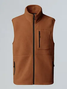 Men's brown sherpa fleece vest with stand collar and zipper pockets for outdoors