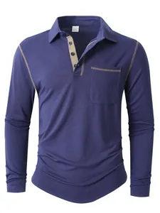 Polo bleu marine à manches longues pour homme avec coutures contrastées et poche