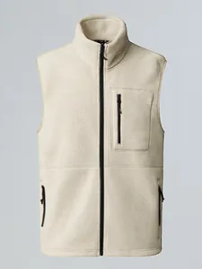 Men's outdoor off-white fleece vest with stand collar and functional zipper pockets