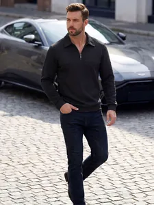 Dunkelgraues strukturiertes Langarm-Poloshirt für Herren mit Reißverschluss im urbanen Stil