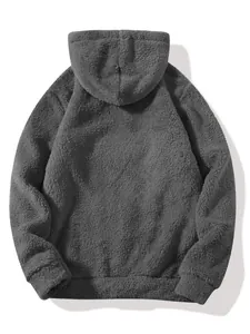 Detailed back view of a plush grey fuzzy fleece hooded sweatshirt for men's winter wear