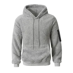 Grauer, flauschiger Herren-Sherpa-Fleece-Hoodie mit Kängurutasche und Ärmeldetail