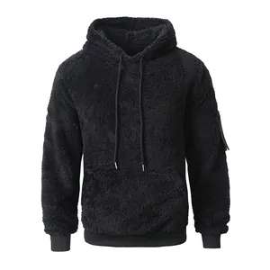 Schwarzer flauschiger Sherpa-Kapuzenpullover für Herren mit Kängurutasche und Kordelzug