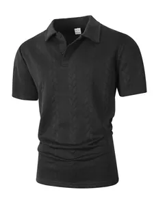 Macro detail of black textured jacquard knit on men's short sleeve casual polo shirt.