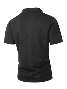 Back view of men's black jacquard short-sleeve polo shirt with cable-knit texture