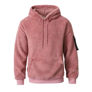 Pinker flauschiger Sherpa-Fleece-Hoodie für Herren mit Kängurutasche und verstellbarem Kordelzug