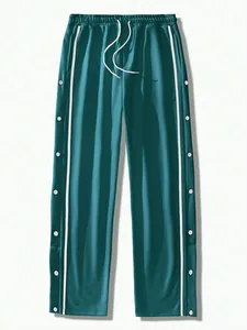 Men's teal green high-street casual pants featuring white side stripes and snap buttons