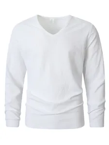 Detailed front view of men's white linen V-neck long sleeve casual breathable top