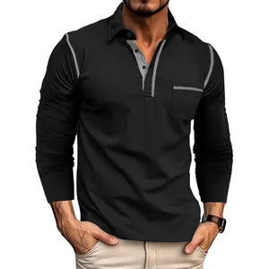 Polo classique à manches longues pour homme noir avec détails gris et poche poitrine