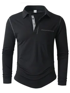 Vue de face du polo noir à manches longues pour hommes avec patte grise et poche