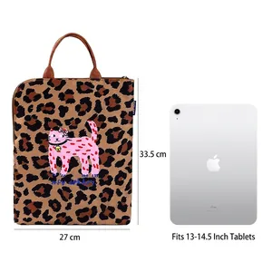 Personalized leopard print cat tote bag with size comparison for 13-14.5 inch tablet.