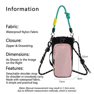Detailed view of lightweight crossbody phone bag showing waterproof fabric and dimensions