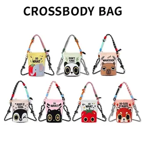 Women Cartoon Print Canvas Bucket Bag Fashion Casual Crossbody Shoulder Bag Portable Outdoor Mini Cell Phone Bag With Braided Strap