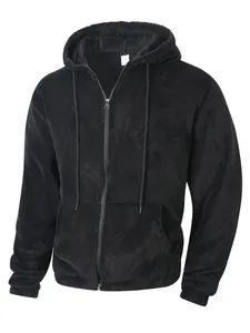 Macro detail of black fuzzy fleece zip-up hoodie with adjustable drawstrings