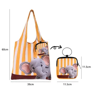 Sac cabas rayé pliable avec imprimé éléphant et pochette dimensions 60x39cm