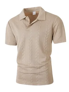 Men's tan short sleeve Polo shirt with textured cable knit jacquard pattern detail
